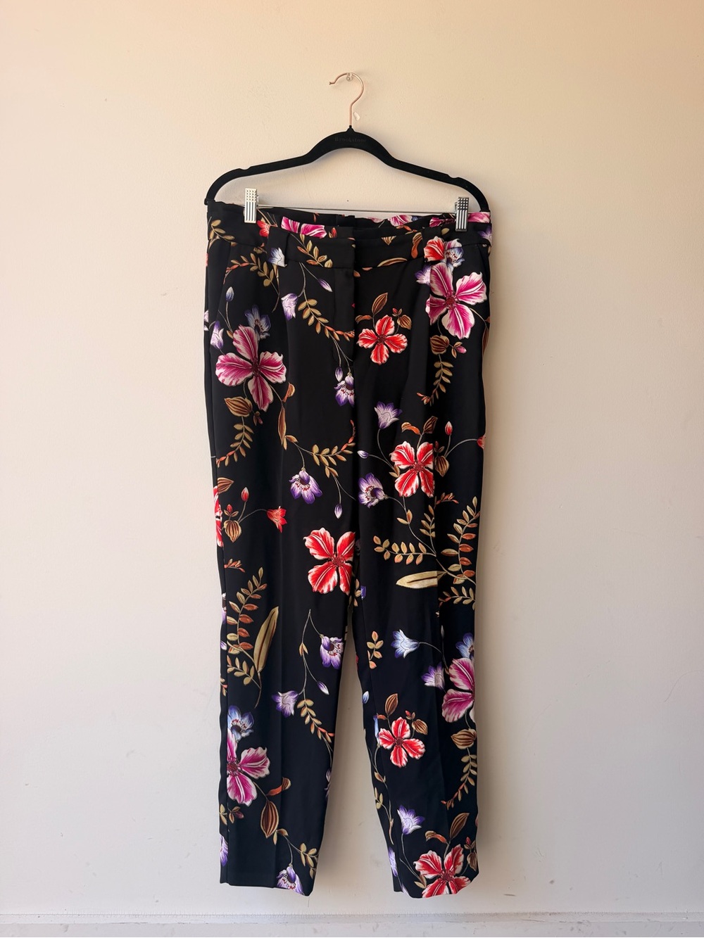 Express Black Straight-Leg Pants with Red & Purple Floral Print